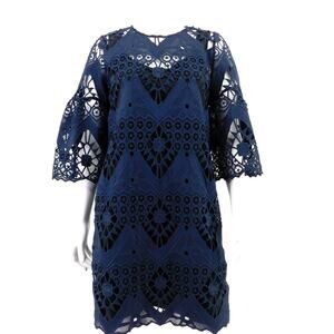 Mika Mindel Navy Blue Geometric Lace Overlay Bell Sleeve Dress Womens  Sz XS